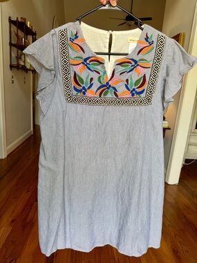 Main Strip Light Blue Striped Tunic with Multicolor Floral Embroidery